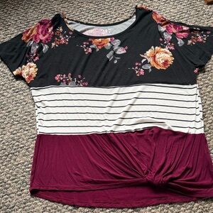 Floral-Stripe Short Sleeve Twist-Hem Top - Burgundy/Black